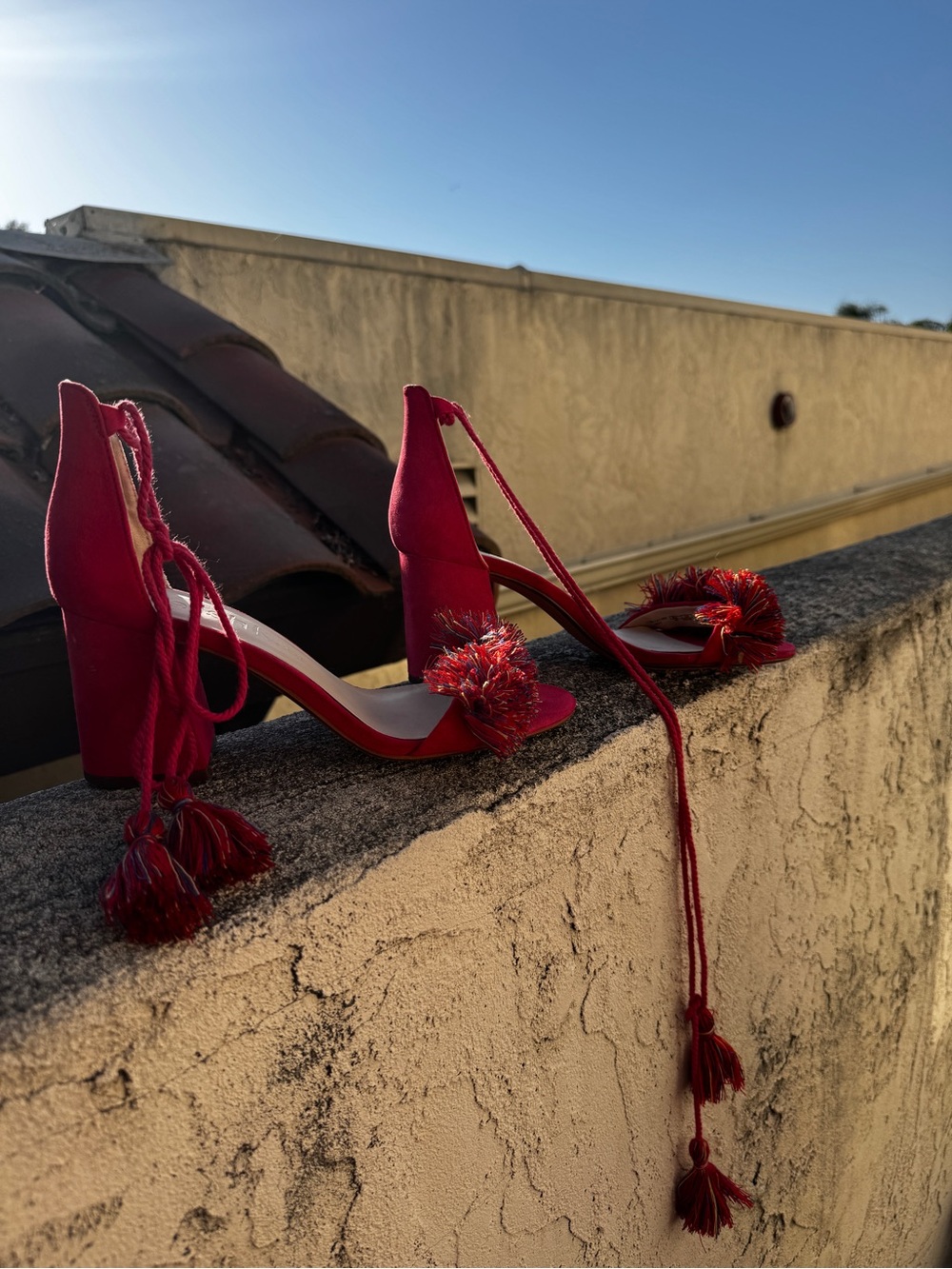 Bershka Red Tassel Lace-Up Heeled Sandals